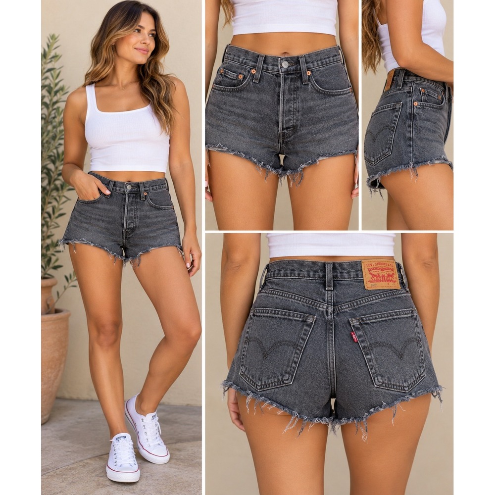 Levis 501 Original Shorts Washed Black High Waisted Cutoff Denim Size 26